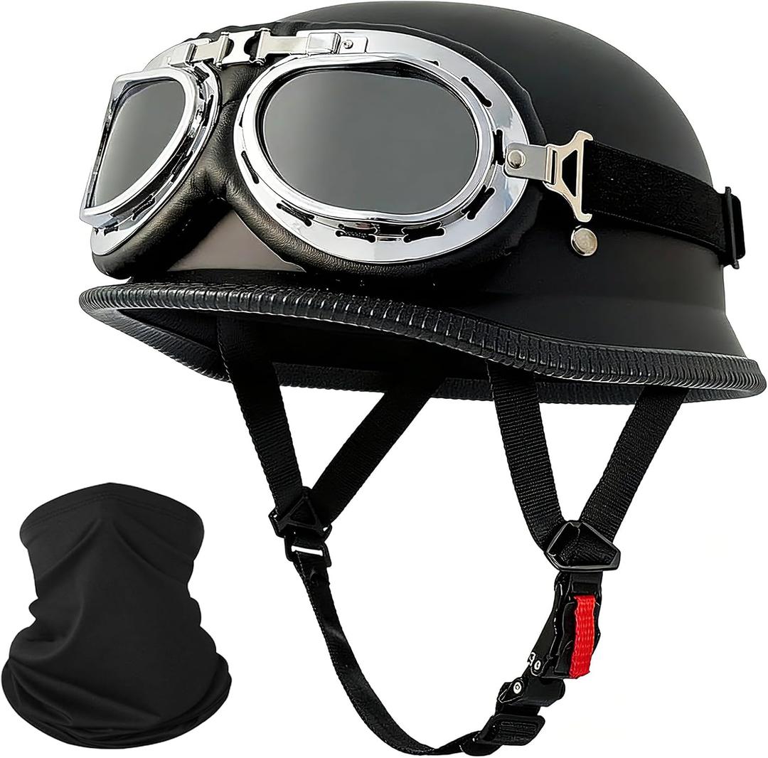 German Style Motorcycle Helmet, DOT Approved Thin Cap Adult Men Women Half Face Retro Helmet for Cruiser Scooter Chopper (Large, Half)