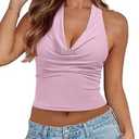 REORIA Women's Cowl Neck Going Out Halter Tank Tops Backless Double Lined Y2k Shirts Cute Summer Trendy Sleeveless Crop Tops Pink, Size M