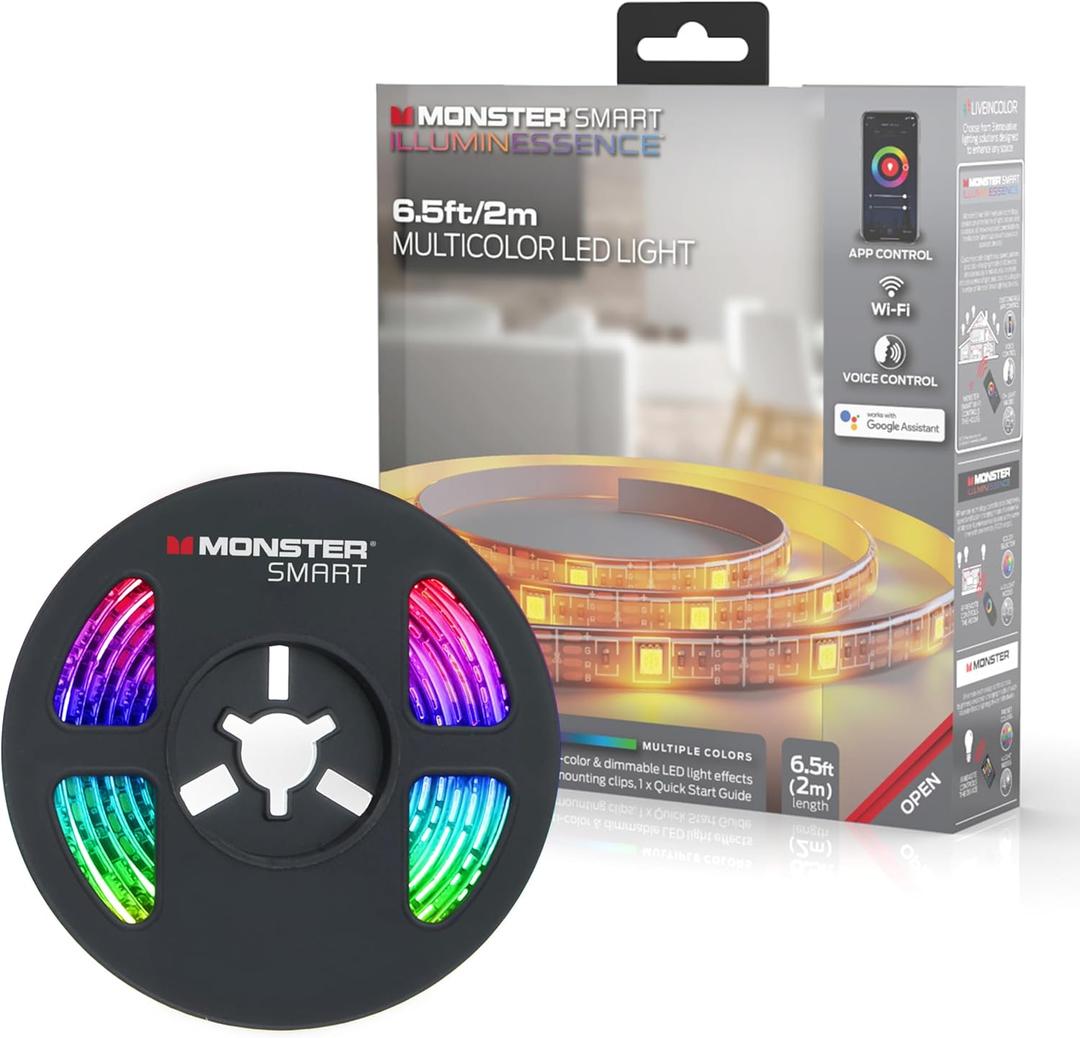 Monster LED Strip Short Wi-Fi Multi-Color LED Light Strip 6.5Ft, Smart App, Customizable Settings, Any Space, Voice-Control, Alexa, Google Assistant, Easy Installation