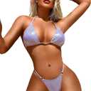 ShawGobow Triangle Bikini for Women, Metallic Glitter Low Rise Thong Sexy High Cut Swimsuit, 2 Piece String Bikinis Vacation Beach Pool Party Brazilian Lavender Small