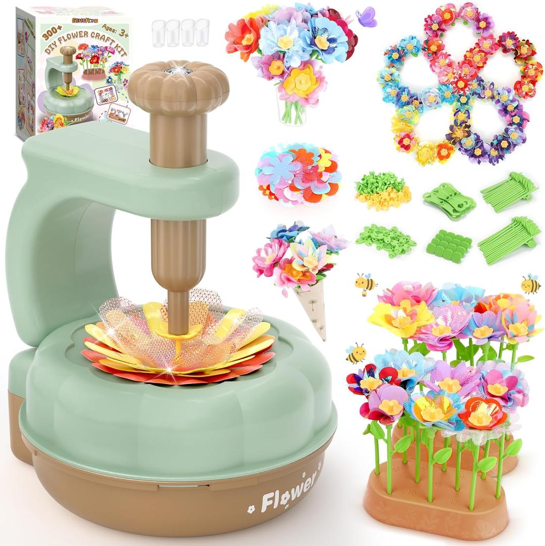 GirlsHome 300+PCS Fabric Flower Bouquets Toys, DIY Flower Making Kit for Kids, Arts and Crafts for Kids, Reusable Educational Preschool Toy, Valentines Day Gift Birthday Gifts for 4 5 6 7 8+ Year Old (Green Brown)