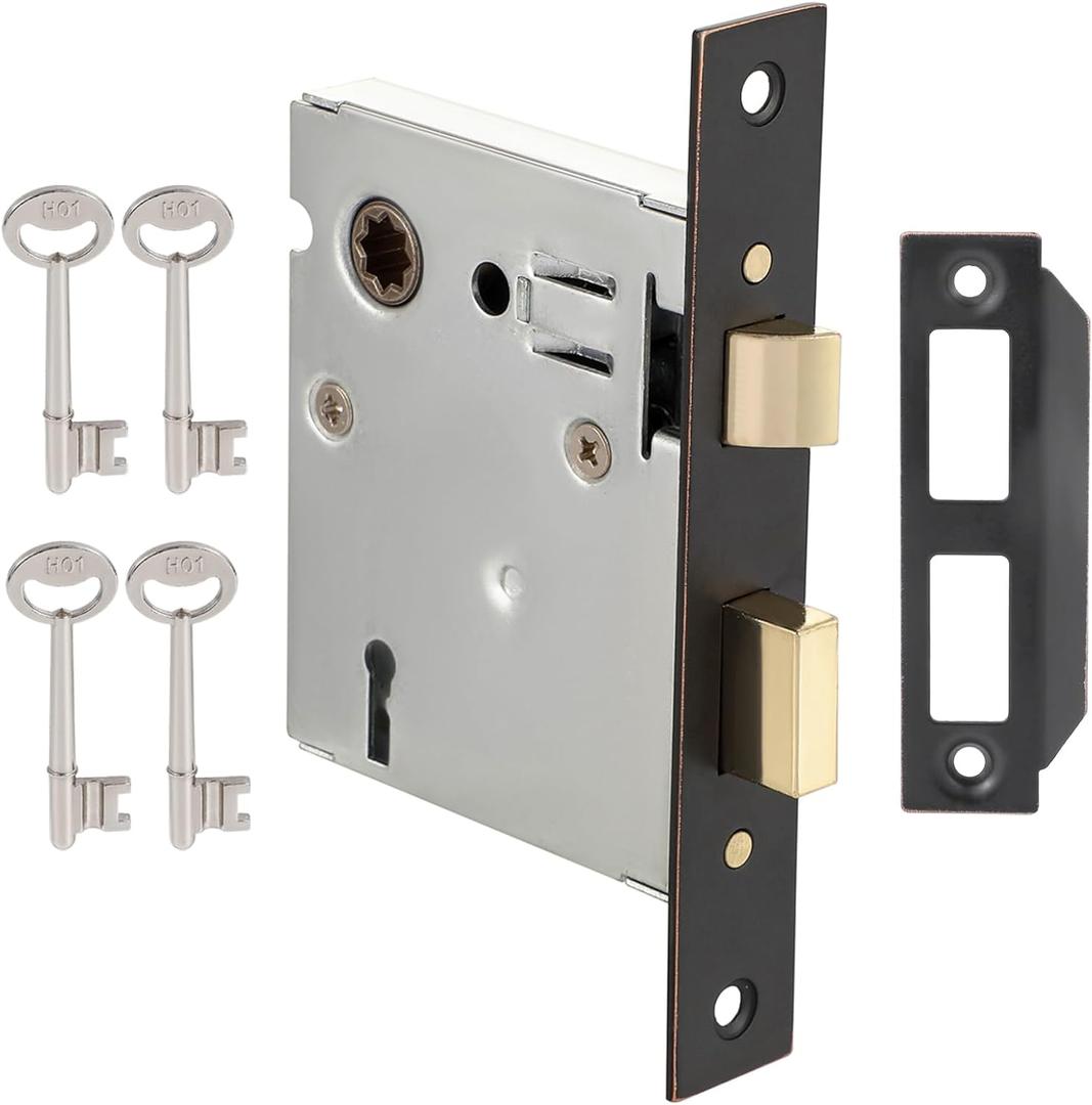 Mortise Lock Set Interior Door, Old Door Lock Replacement Parts, Antique Vintage Door Lock Hardware, Skeleton Keys and Reversible Latch, Mortise Lock Kit, Oil Rubbed Bronze Finish (1 Pack)