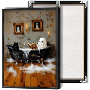 Halloween Ghost Black Cat Bubblebath Canvas Posters Bathroom Cute Ghost Wall Art Goth Dark Academia Spooky Bubblebath Prints Painting For Living Room Bedroom Wall Decor 16x24in Unframed (16L" x 24W", Multi 12)