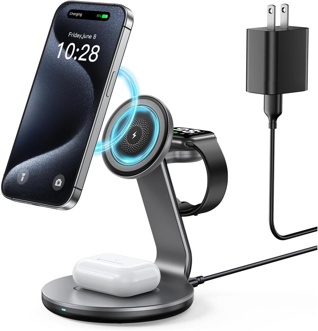3 in 1 Charging Station Compatible with Magsafe Charger Wireless Charger Stand for iPhone 16 15 14 13 12 Series Wireless Charging Station for AirPods Wireless Charging Stand for iWatch Series (Gray)