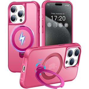 HuwaiH 360 Rotatable Magnetic Ring Stand for iPhone 15 pro Case, Compatible with MagSafe, Military-Grade Shockproof, Anti-Scratch Matte Translucent Phone Case for iPhone 15 pro(Rose)
