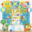Summer Pool Beach Party Decorations, Splash Birthday Bash Party Supplies Tropical Summer Banner Beach Ball Lantern Fringe Curtain Foil Balloons Arch for Swimming Water Luau Hawaiian Party Decor(Blue)