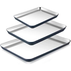 BRONYPRO Stainless Steel Baking Sheet Pan Set of 3, Cookie Sheets 9/12/16 In, Non-Toxic Uncoated Interior (PFOA & PTFE Free), Solid Warp-Resistant Cooking Trays for Oven & Toaster, Navy Exterior
