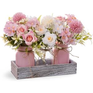LUEUR Mason Jar Lights Centerpiece with Farmhouse Wood Tray – 3 Jars with Pink Rose Spring Flowers, Rustic Spring & Summer Wedding Decoration for Dining Table, Coffee Table, Kitchen & Living Room