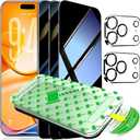 3 Pack for iPhone 17 Pro Screen Protector Privacy Full Cover Glass + 2 Camera Lens Protector 9H+ Tempered Glass Military Grade Shatterproof Anti Spy Bubble Free Auto installation Frame