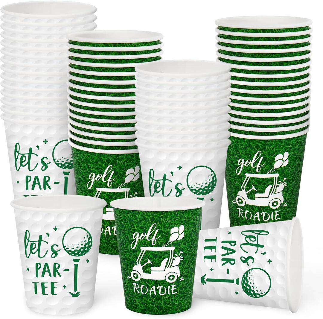 FYSUIMU 100Pcs Golf Paper Cups Let's Par-tee Disposable Drinking Cups 9 oz Green White Sport Ball Party Cup for Hot Cold Drink Birthday Baby Shower Supplies