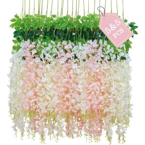 BLEUM CADE 10Pcs White & Pink Fake Wisteria Hanging Flowers, 3.6Ft/Pcs Artificial Wisteria Garland, Hanging Flowers for Wedding Party Home Backdrop Wall Decoration