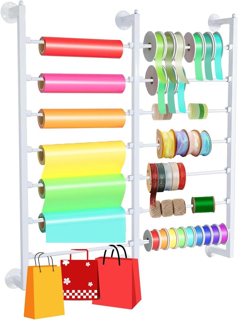 7-Tier Double Row Metal Ribbon Organizer Wall Mount, 14 Removable Rods Large Capacity Storage Holder Rack, Heavy Duty Craft Room Organization for Flower Shop DIY Yarn Gift Bag - White