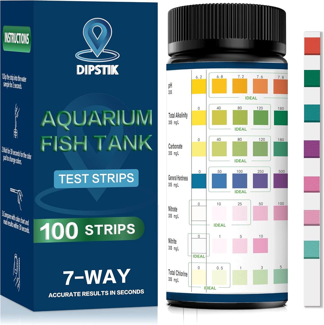 DIPSTIK Aquarium Test Strips, 7-Way Freshwater Saltwater Fish Tank Pond Test Kit, 100 Strips, Nitrate, Nitrite, Chlorine, Hardness, Alkalinity, Carbonate, pH