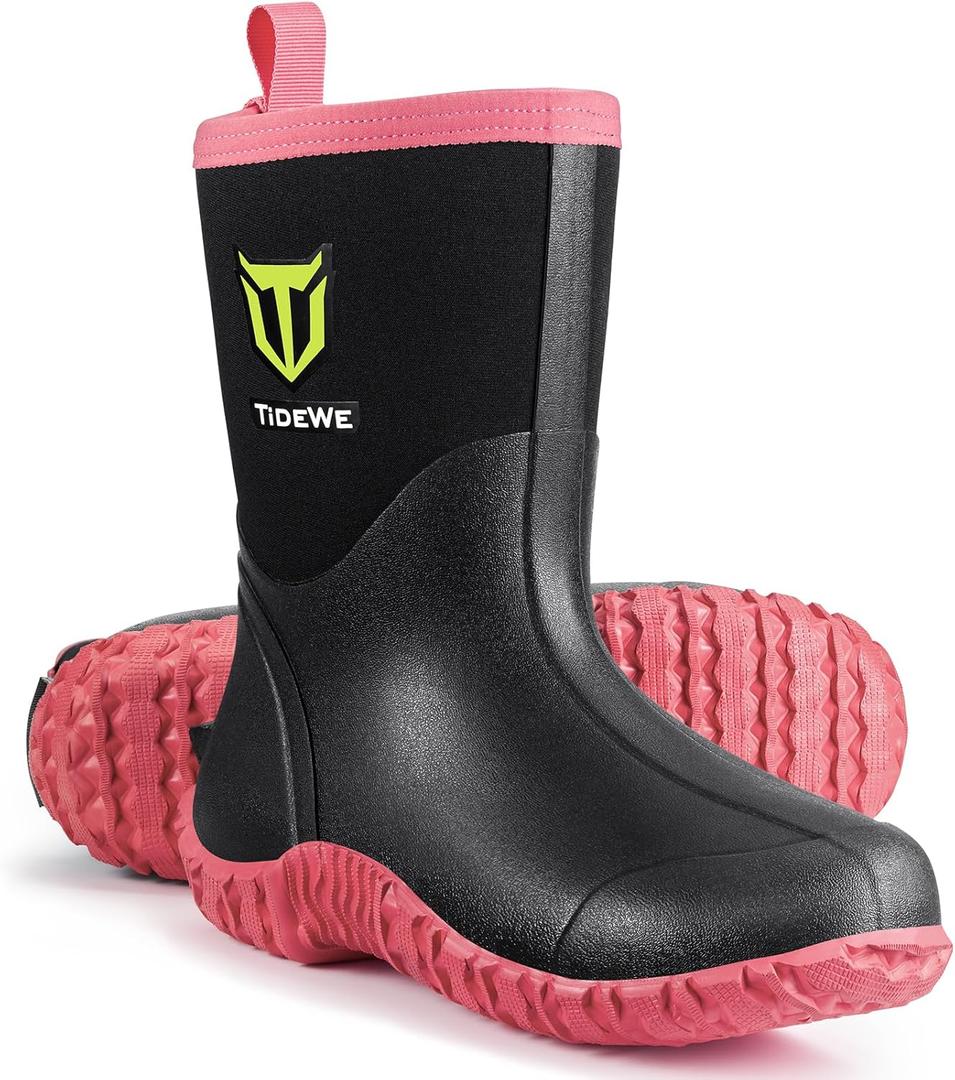 TIDEWE Rubber Boots for Women with Steel Shank, 6mm Neoprene Waterproof Insulated Mid Calf Rain Boots, Sturdy Hunting Work Boots for Farming Gardening Fishing (Black), 6