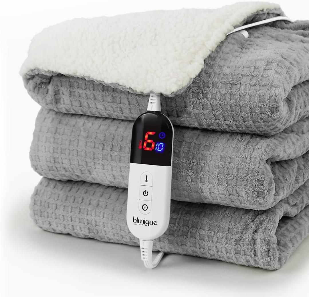 Heated Blanket Electric Blanket Twin Waffle, 62x84 Inches Sherpa Fleece Fast Heating Blanket 6 Heating Levels & 10 Hours Auto Off ETL Certification, Grey Twin