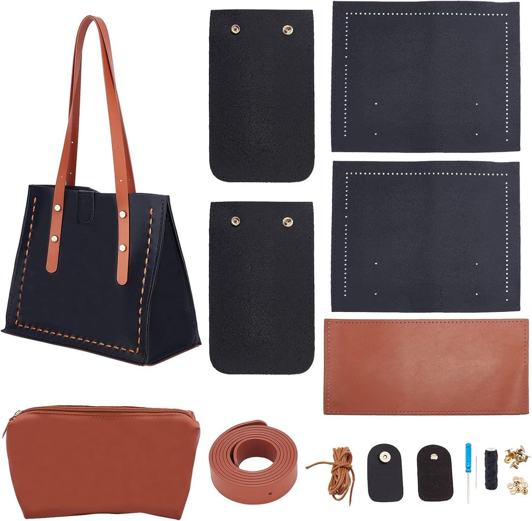 PH PandaHall DIY Tote Leather Bag Kit Black Brown Large Tote Bag Easy Handcraft Shouler Bags with Insert Organizer Bags Straps Screws Buckles and Kintting Tool Screwdriver for Women Purses Gifts