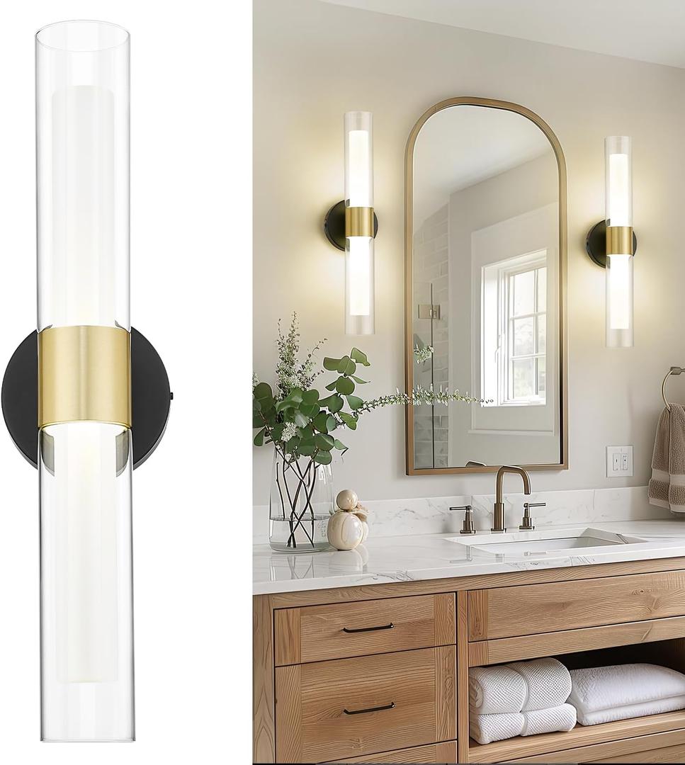 kudos Black and Gold Bathroom Sconces Wall Lighting, Bathroom Vanity Light, Modern Wall Lights with Clear Glass and Frosted Glass for Bathroom Bedroom Hallway, KDVL06-BG-2