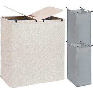 STORAGE MANIAC Double Laundry Hamper, 136L Laundry Sorter with Lid and Removable Bags, Clothes Hamper, Large 2 Section Clothes Basket with Handles for Small Space, Dorm, Closet, Bathroom, Beige