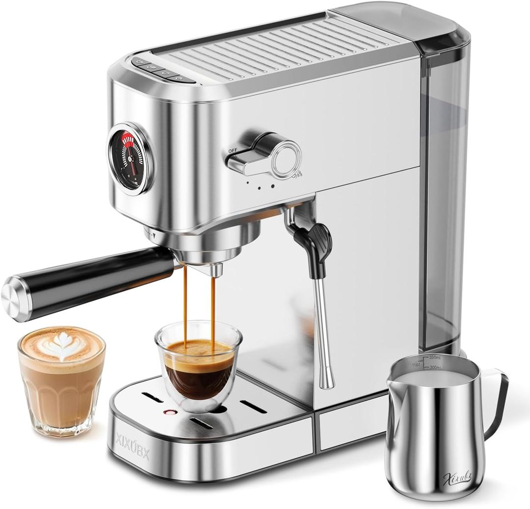 XIXUBX 20Bar Espresso Machine, Compact Espresso Maker with Milk Frother, Stainless Steel Coffee Machine for Cappuccino & Latte, 42oz Water Tank, Visible Pressure Gauge, Home & Office, Silver