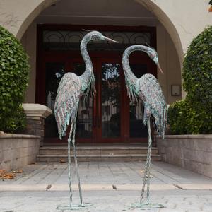 Kircust Garden Crane Statues, Standing Metal Patina Heron Decoy Outdoor Statue, 42-46 Inch Bird Yard Art for Patio Lawn Pond, Set of 2 (Large, Copper)