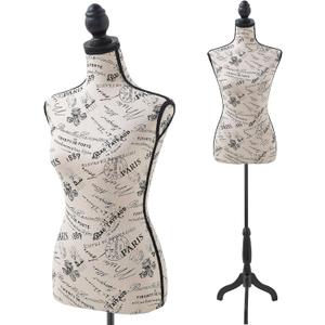 Manikin 49.6”-63.4”Height Adjustable Female Dress Model Display Torso Body Wooden Tripod Stand Clothing Forms High Density Foam Portable Display Mannequin (Print), Black