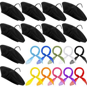 Laumoi 20 Pcs Halloween Party Berets for Kids French Beret Bulk Hat Artist Beanie with Color Neck Scarf for Cosplay Decorate(Fresh Colors)
