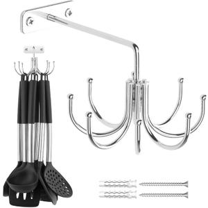 ZEDODIER Kitchen Cooking Utensil Holder, 360 Rotating Kitchen Hooks for Hanging Utensils, Heavy Duty Metal Utensil Rack with 8 Storage Capacity for Utensil, Towel, Pot, Glove, Aprons, Silver
