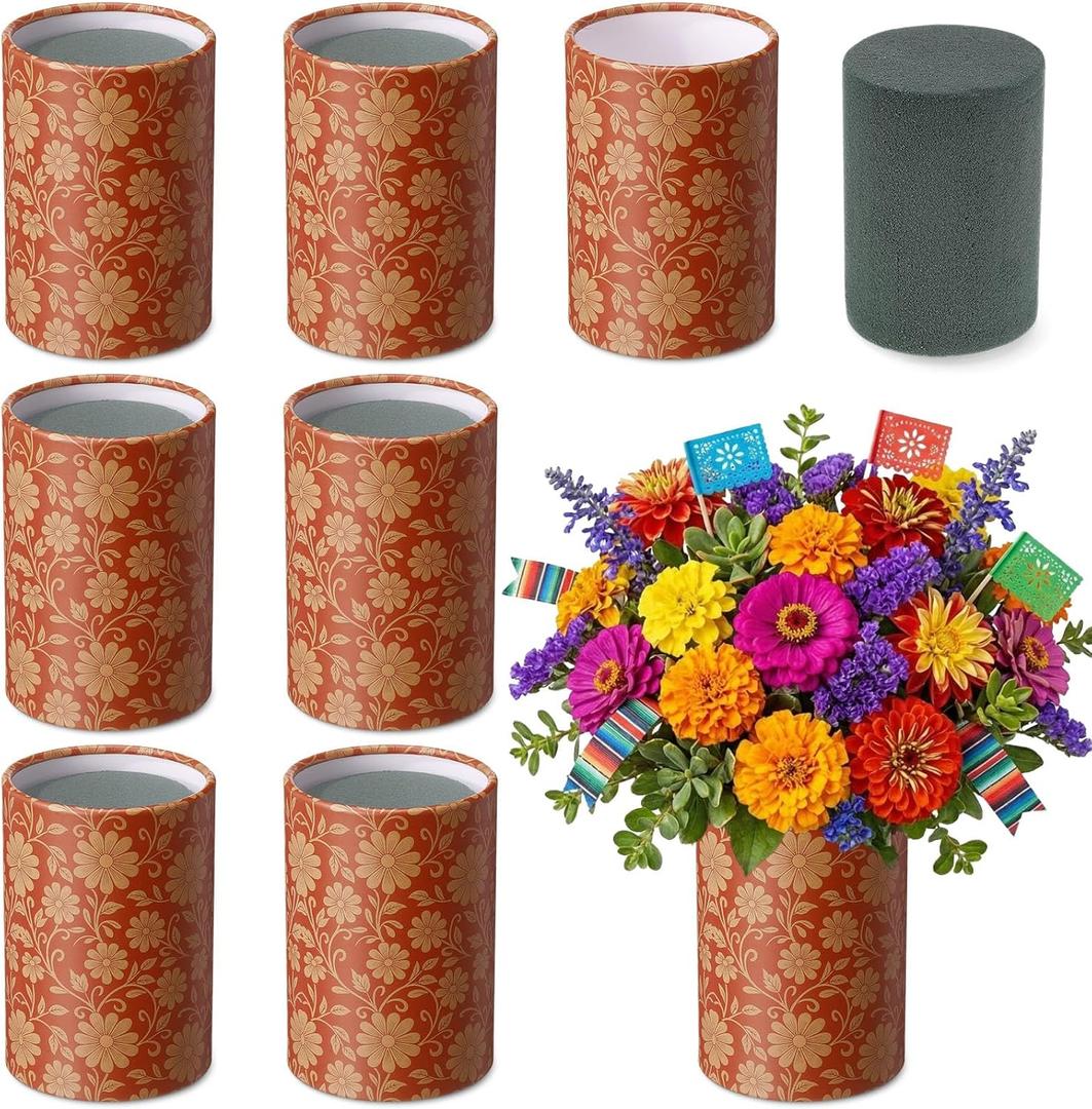 6 Sets Mexican Party Centerpieces, 5 Inch Cielito Lindo Faux Terracotta Clay Paper Cylinder Flower Vases with Floral Foam, Cinco De Mayo Table Decorations, Mexican Theme Party Supplies