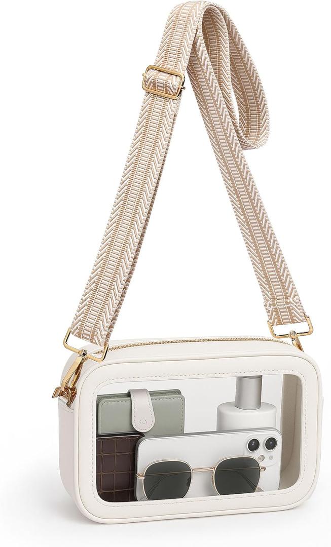 Clear Bag for Stadium Events, Clear Purse for Women, Stadium Approved Crossbody Handbag for Concerts Sports Fans (Beige&white Strap)