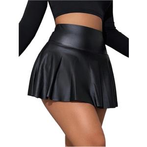 OYOANGLE Women's Pu Leather Elastic High Waist Skorts Ruffle Hem Casual Flared Skirt Shorts (Black, XL)