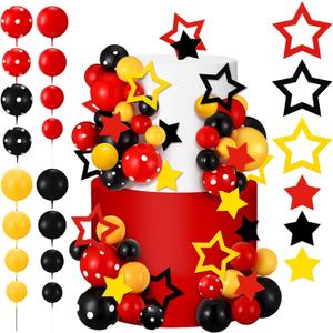 57 Pcs Black Red Yellow Ball Star Cake Topper Set Cartoon Cake Decorations with Flag DIY Insert Topper for One Two Years Happy Birthday Decorations Baby Shower Party Supplies(Happy Birthday)
