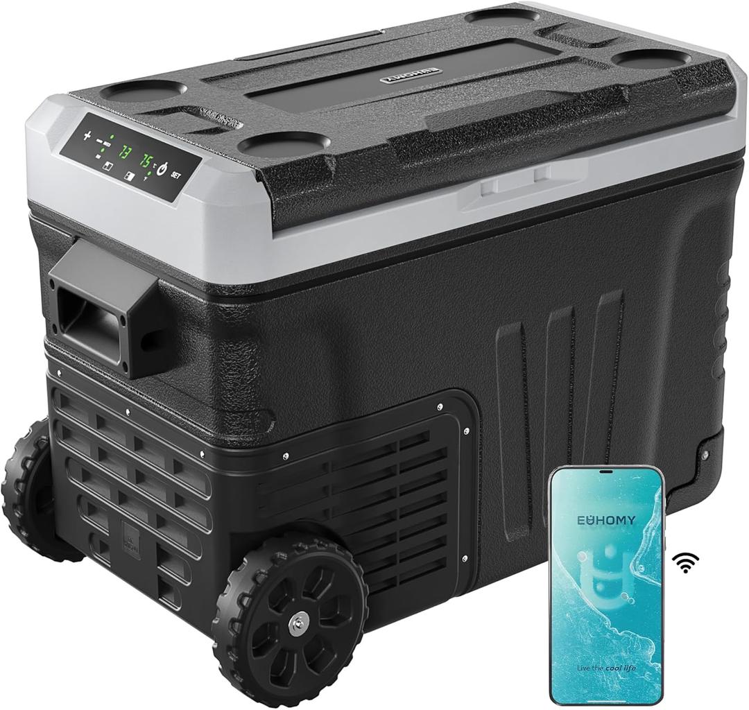 EUHOMY 12 Volt Refrigerator, 35QT(33L) Dual Zone Electric Cooler, Portable Freezer 12V/24V DC 110-240V AC, 12V Fridge -4~68, 12V Cooler with Wheels & Basket for Travel, Truck, Camping, Boat
