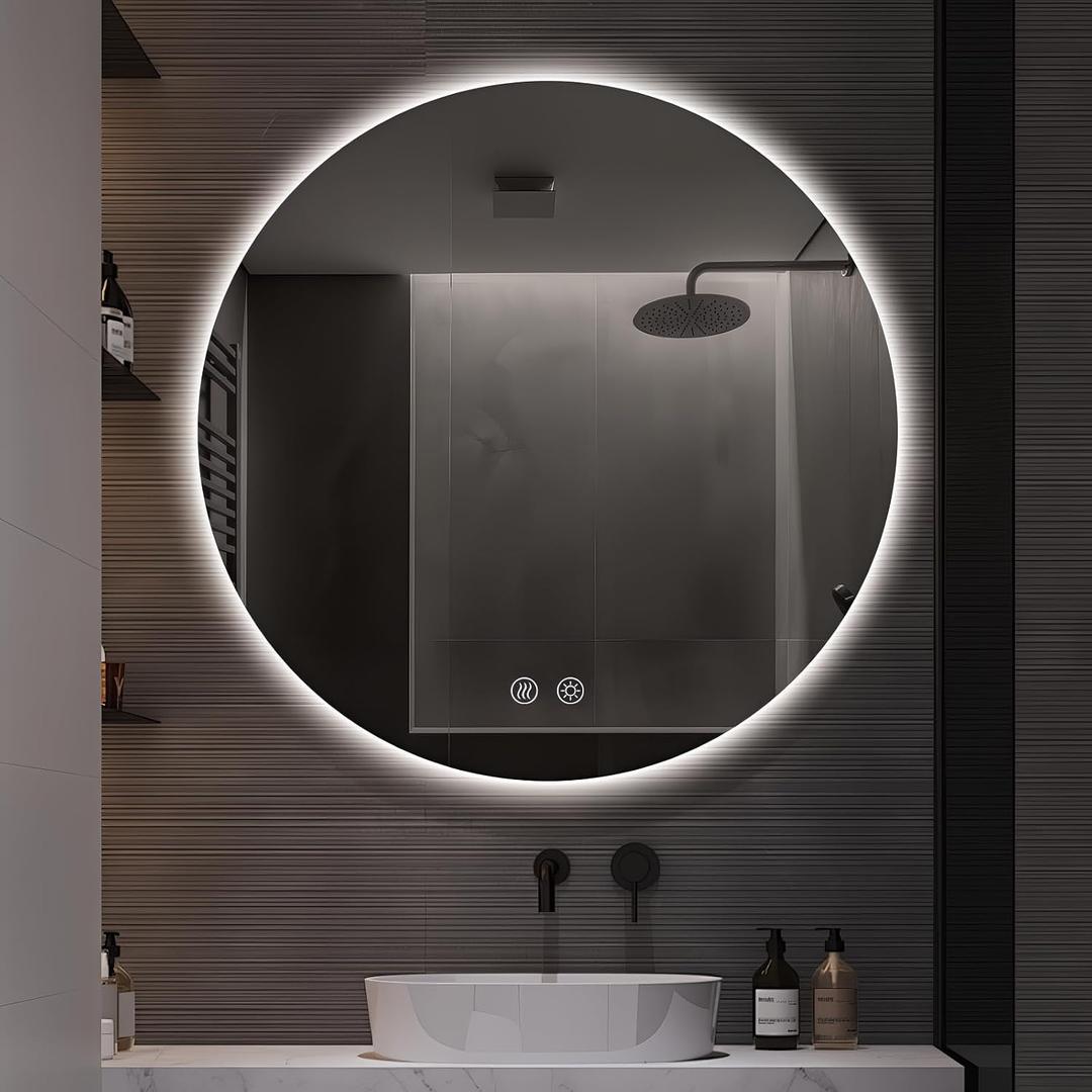 Niccy Round Led Mirror for Bathroom, 30" Circle Frameless Backlit Mirror wiht Light, Anti-Fog, 3 Colors, Waterproof, Memory Function