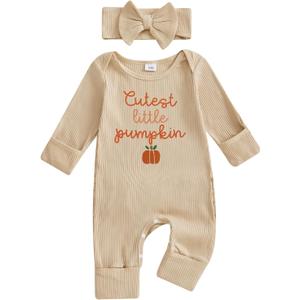My First Halloween Baby Girl Outfit Cutest Pumpkin Long Sleeve Romper Jumpsuit Newborn Girl Outfits Clothes (Beige)