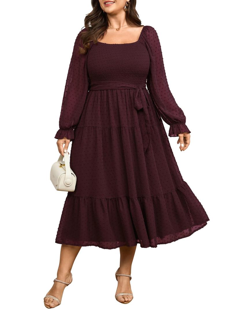 SCOMCHIC Women's Plus Size Dress Long Sleeve Square Neck Swiss Dot Chiffon Dress Smocked A Line Ruffle Fall Maxi Dresses Burgundy, 3XL