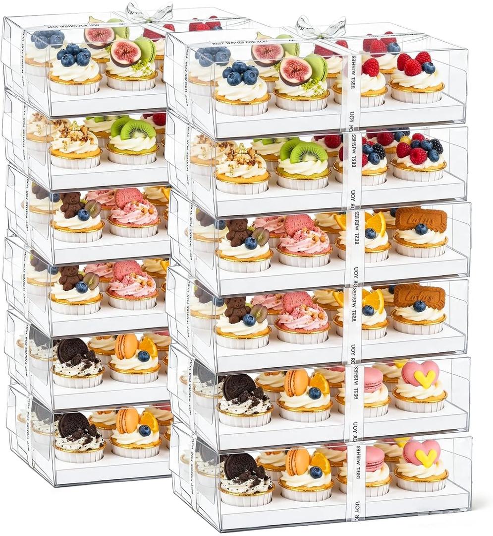 Cedilis 12 Pack Clear Cupcake Boxes, 12 Count Cupcake Containers with Gift Ribbon, Plastic Cupcake Carrier Holder for Cookies, Muffins, Bakeries