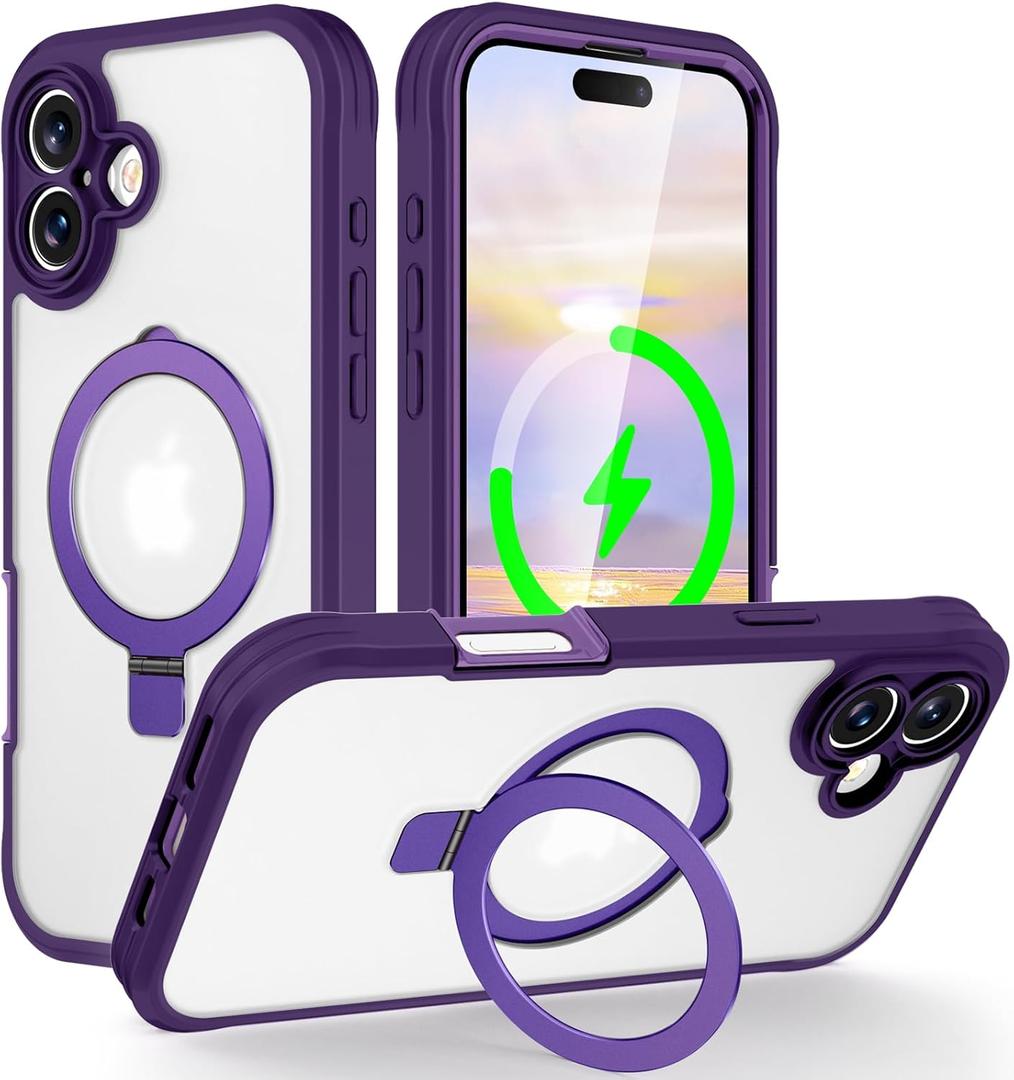 Dteck for iPhone 16 Plus Case 6.7" (2024), Magnetic Clear Case with Screen Protector Film/Kickstand, Compatible with MagSafe Accessory, Shockproof Protective Lightweight Slim Thin Cute Cover, Purple