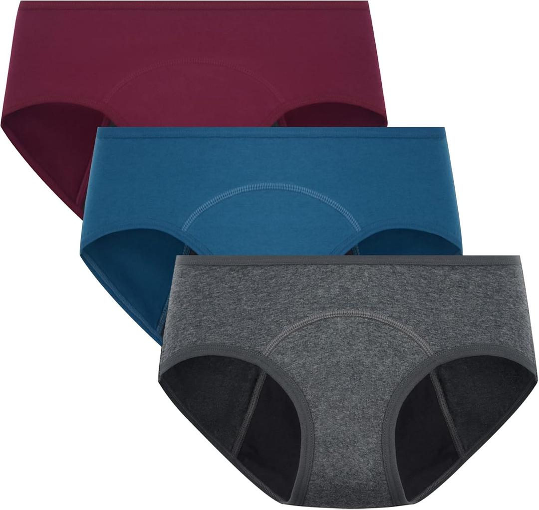 POPKOK Period Underwear Womens Cotton Hipster Postpartum Panties 3 Pack (X-Large, Dark Grey/Dark Blue/Dark Red)