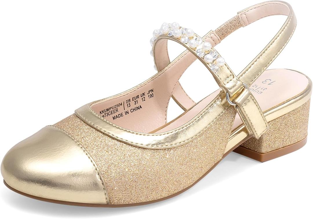 DREAM PAIRS Girls Dress Shoes Slingback Heels Round Toe Pump for Little Big Kids Flower Party Wedding Princess, Size 1 Little Kid, Gold