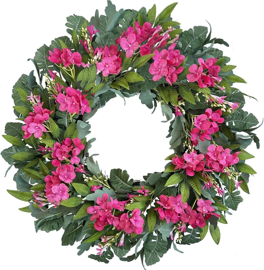 24 Inch Pink Hydrangea Wreaths for Front Door, Spring Summer Artificial Floral Wreaths with Pink Wildflowers, Green Olive Leaves Large Foliage, Farmhouse Rustic Decor for Porch, Wall, Garden