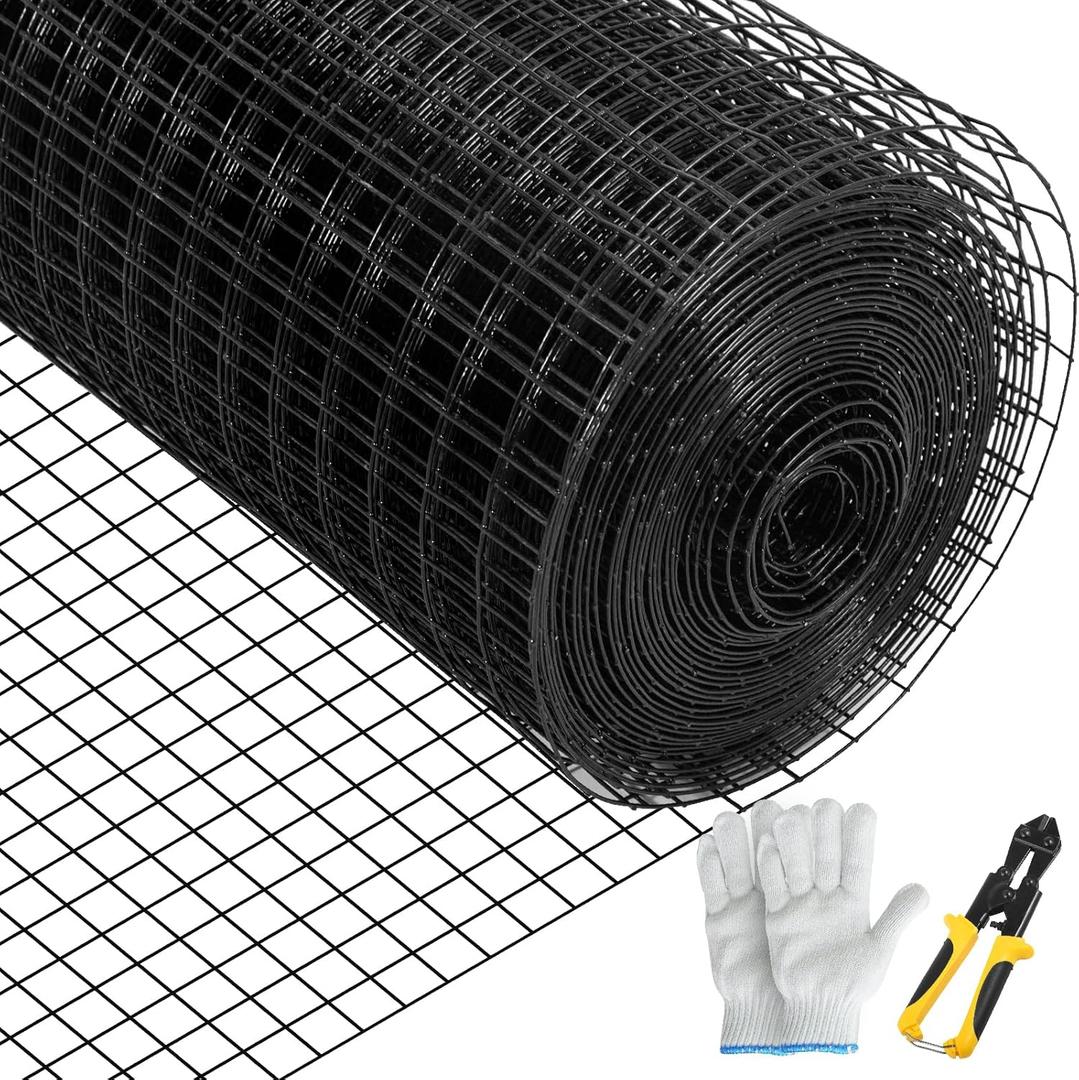 VEVOR Hardware Cloth, 36" x 50' & 1"x1" Mesh Size, Galvanized Steel Vinyl Coated 16 Gauge Welded Wire, w/A Cutting Plier & A Pair of Fabric Gloves, for Garden Fencing & Pet Enclosures, Black
