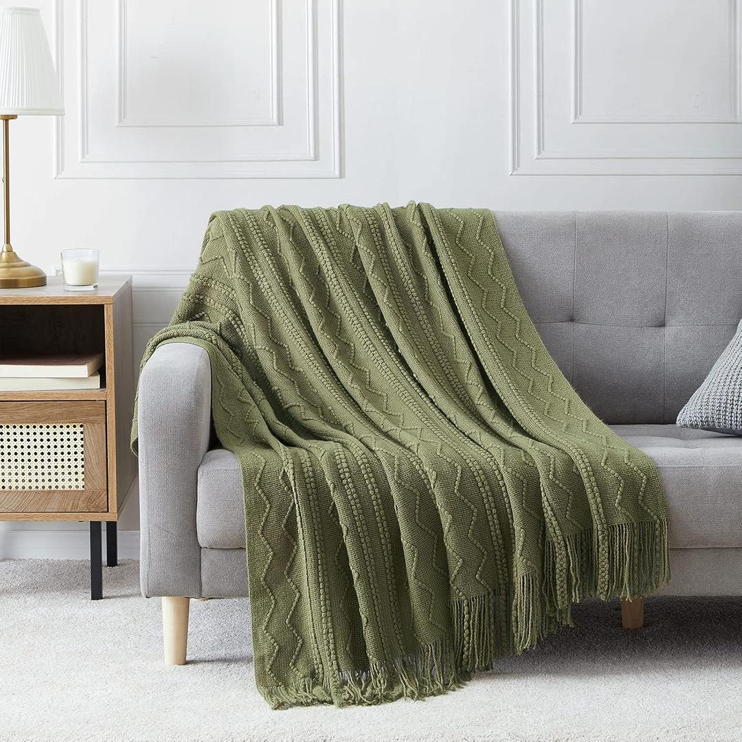 BOURINA Dark Olive Throw Blanket 50x60 Inches Throw Textured Solid Soft Sofa Couch Decorative Knit Blanket