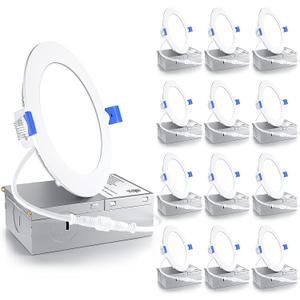 Ensenior 12 Pack 4 Inch LED Recessed Light, Dimmable, 5000K Daylight, 750LM High Brightness, 9W 120V, 2 Pin, ERL-9X-ETL, Damp Rated, Ultra-Thin Canless Wafer Ceiling Light - ETL & FCC & IC