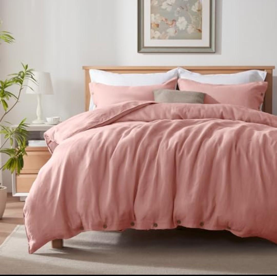 TOSMO 100% Linen King Duvet Cover Set, Luxury French Flax Natural Linen Duvet Cover with Button Closure & Corner Ties, Cooling Breathable Comforter Cover 3 Piece (Rose Pink)
