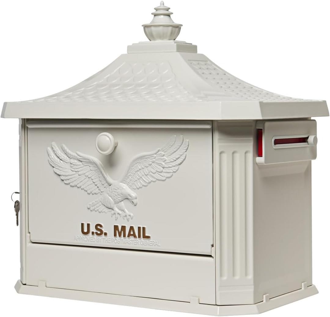 Architectural Mailboxes Hamilton Secure, Locking USPS Approved Heavy Duty, Cast Aluminum Metal Post Mounted Mail Box for Outside, White Large Curbside Mailbox with Magnetic, Lockable Double Doors