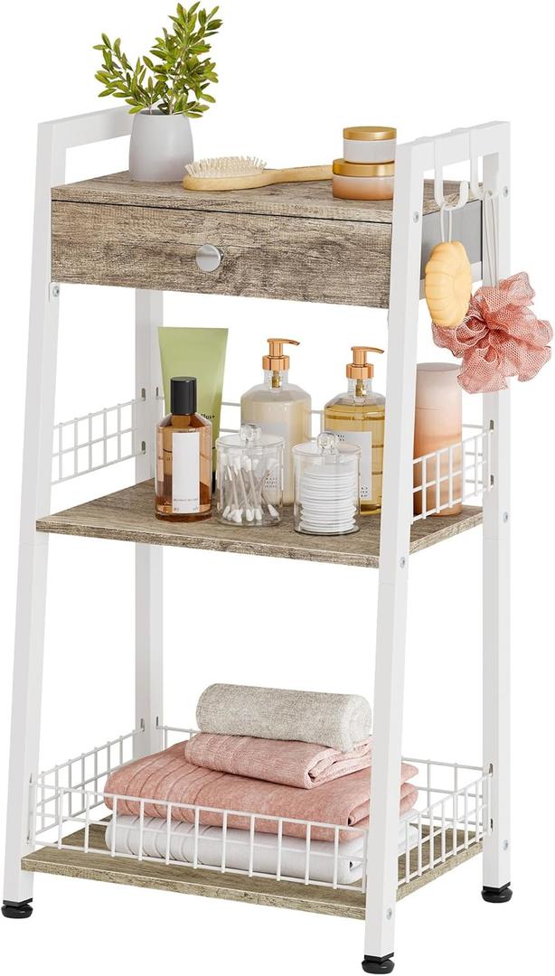 3-Tier Ladder Shelf with Drawer, Bathroom Table Stand for Small Space, Standing Bathroom Shelves with Storage for Living Room Kitchen Bedroom, Organizer Shelf, White