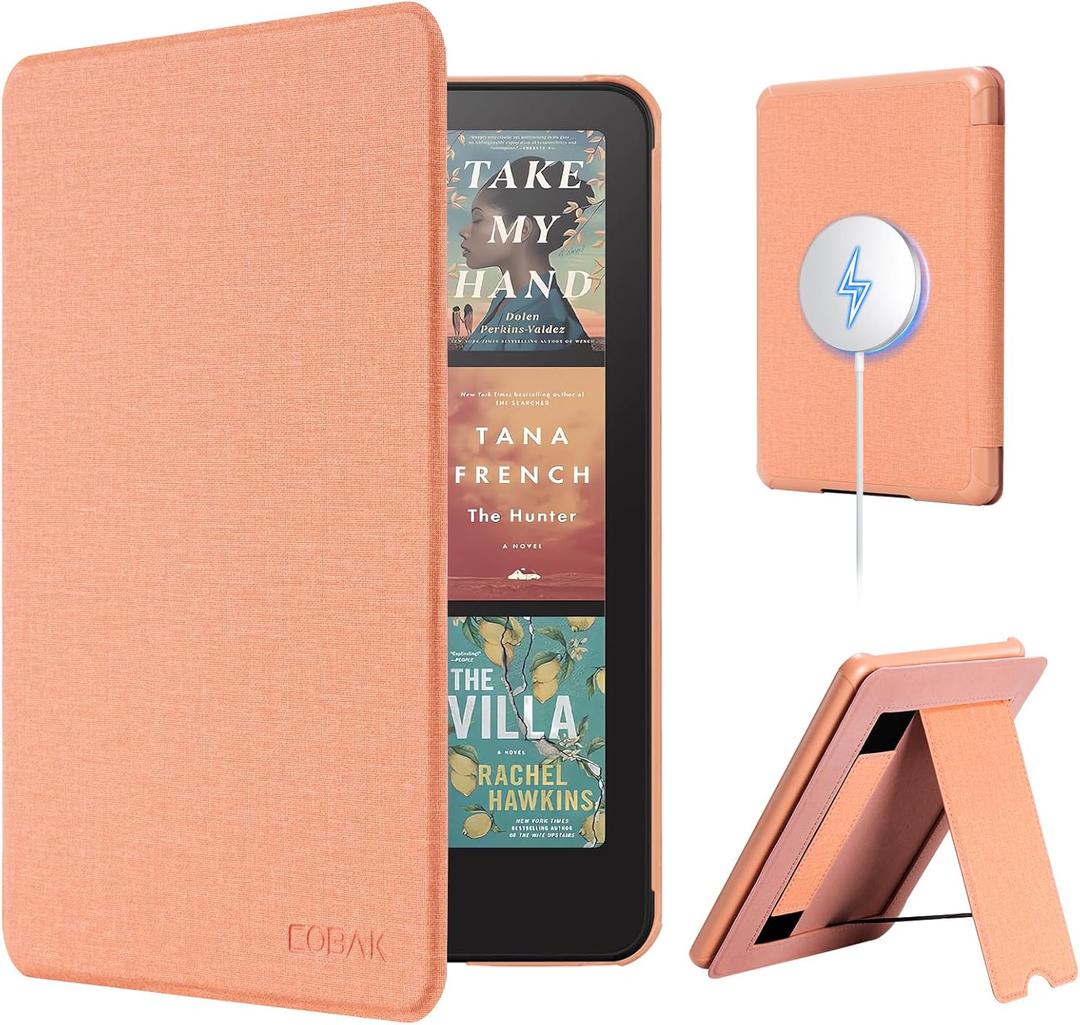 CoBak Lightweight Stand Case for 7" Kindle Paperwhite 12th Gen 2024 and Kindle Colorsoft with Right Hand Strap - Compatible with iPhone MagSafe, for Samsung/Belkin/Anker Wireless Charging Pads (Fabric Pink)