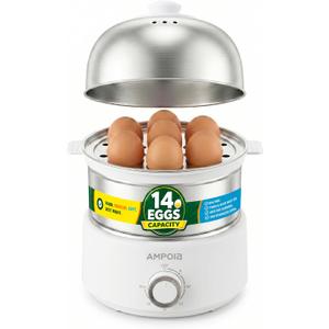 14 Eggs Electric Egg Cooker, 350W Rapid Egg Boiler with 30-Min Timer & Auto Shut-Off, Stainless Steel, Dishwasher Safe for Soft, Medium, Hard Boiled, Steamed Eggs, Vegetables & Seafood, White