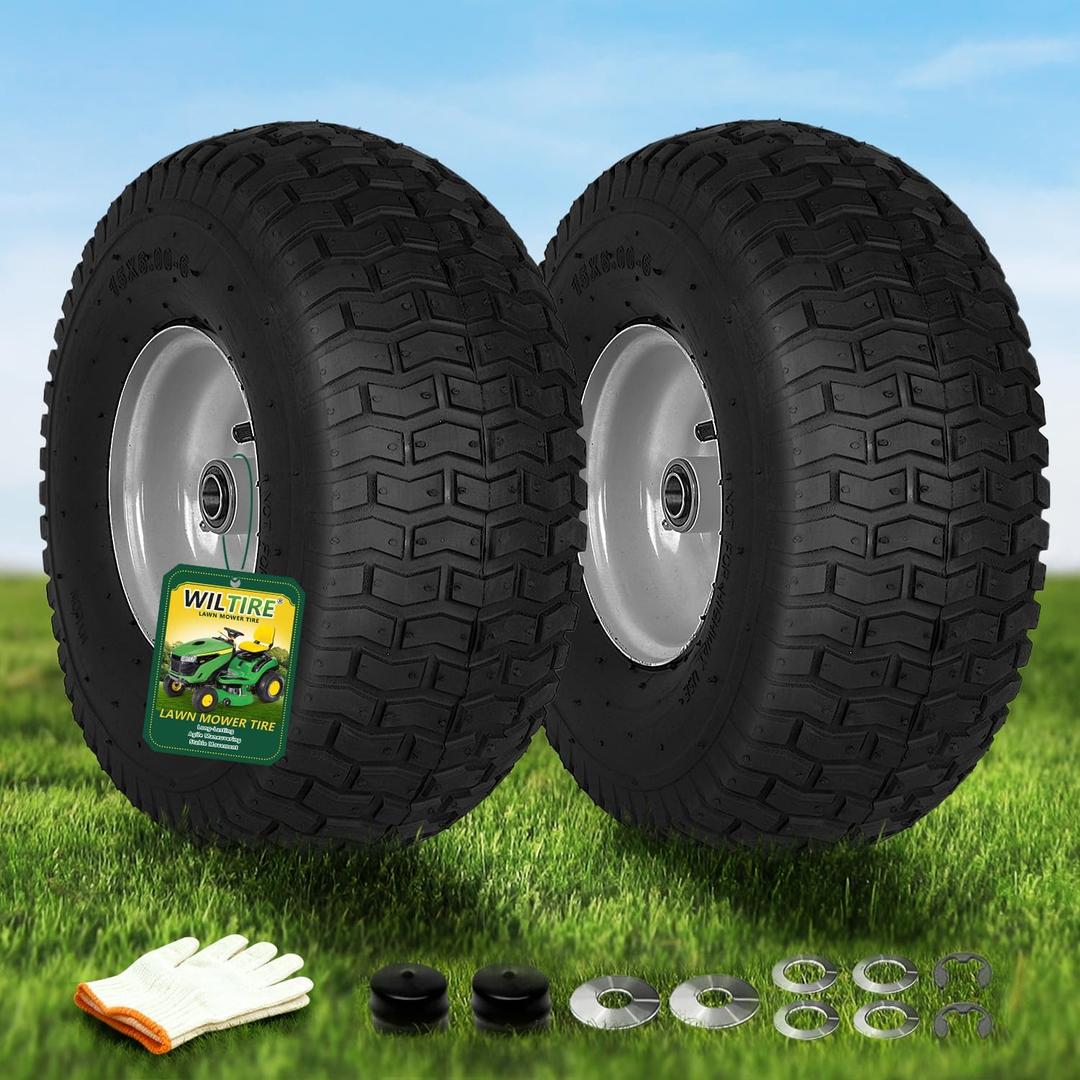2 PCS 15x6.00-6 Lawn Mower Tires and Wheel, Tire Assembly Replacement for Riding Lawn Mower Front Tires, 3/4" Bearing, 3" Centered Hub, 4 Ply Pneumatic