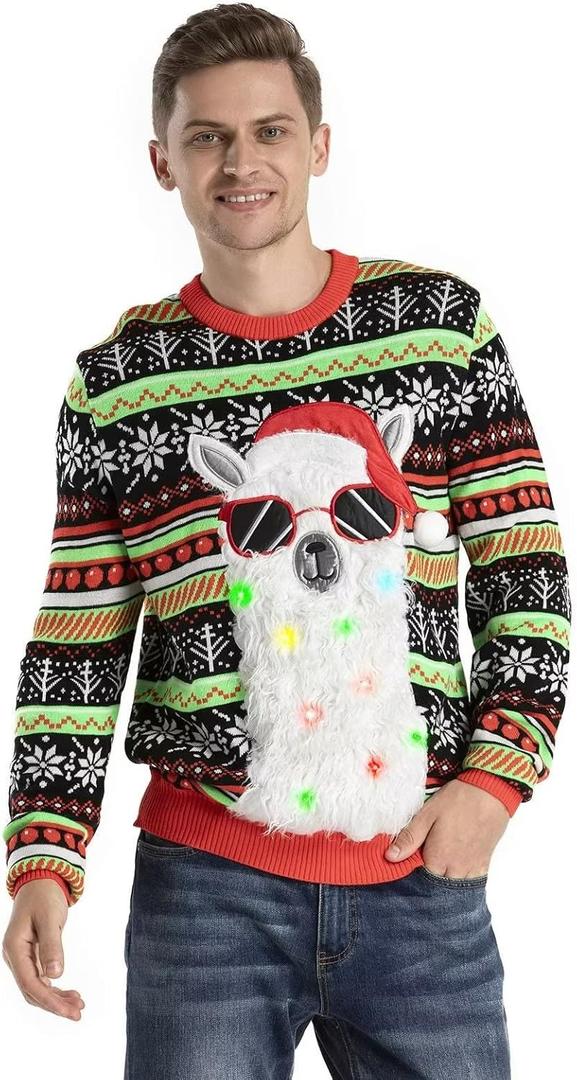 Men's LED Ugly Christmas Sweater Unisex Funny Novelty Knit Pullover with Lights, XL